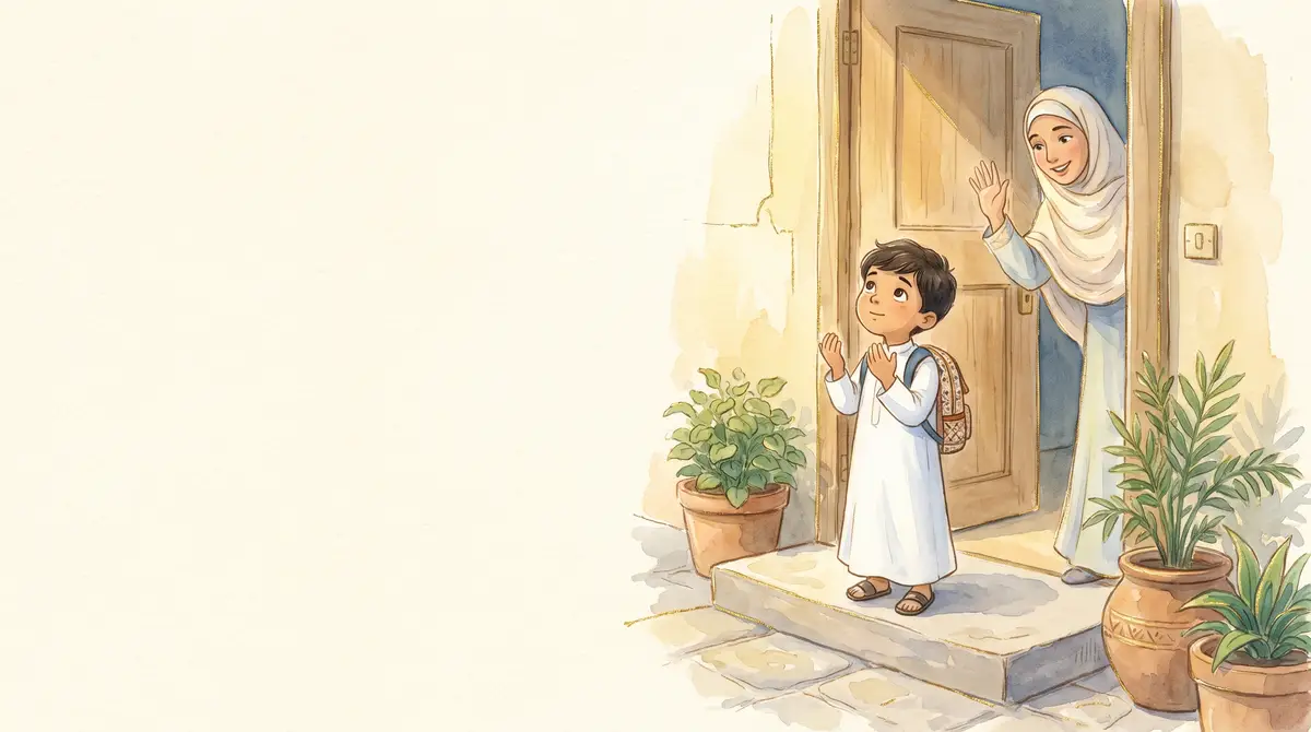 مشهد من قصة أذكار الطفل المسلم — أذكار الخروج من المنزل