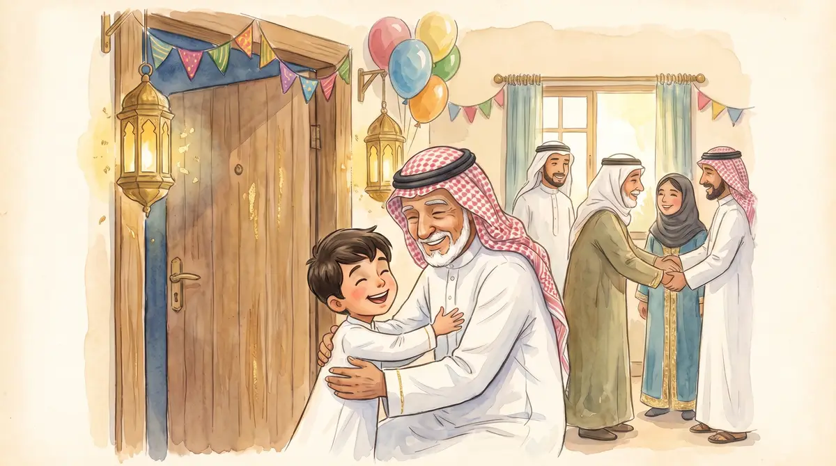 مشهد من قصة يوم صار حكاية — زيارة الجد في العيد