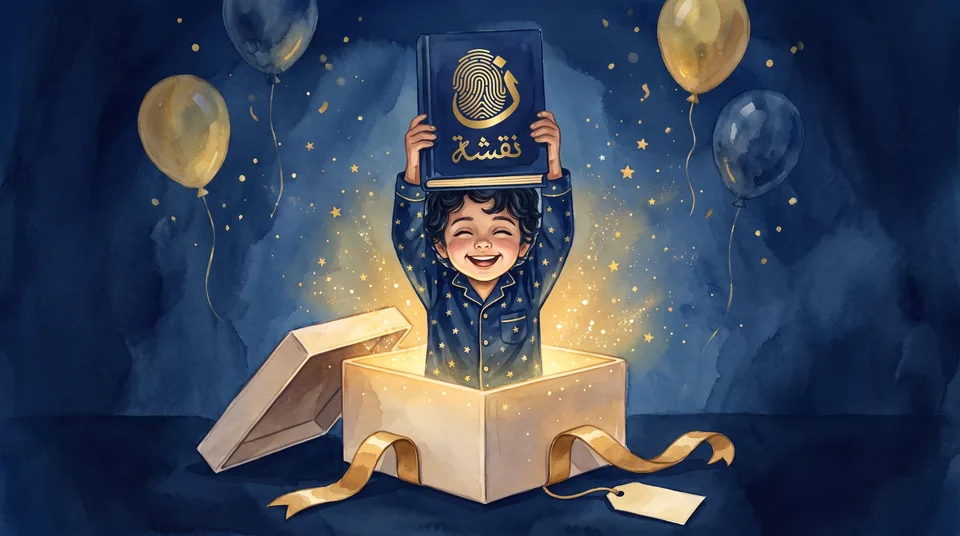 طفل يرفع كتاب نقشة المخصص من صندوق هدية فاخر بشريط ذهبي — هدية يوم الميلاد تبقى للعمر