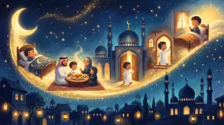 قصة أذكار الطفل المسلم — مشاهد أذكار يوم الطفل من الاستيقاظ إلى النوم على قوس ذهبي