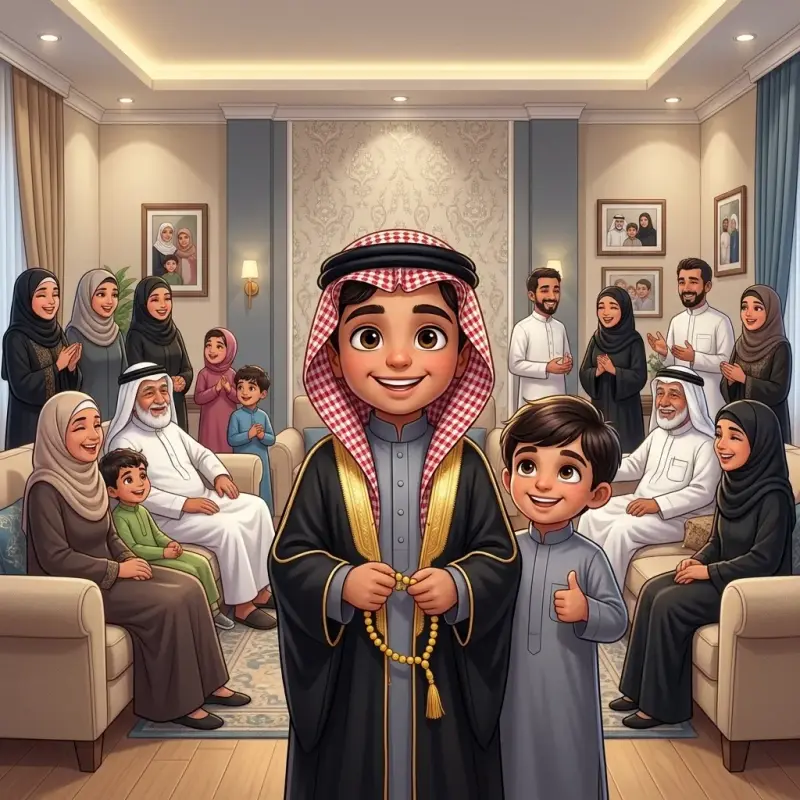 غلاف قصة تجمّع العائلة في رمضان — الطفل بالبشت بين عائلته المحتفلة