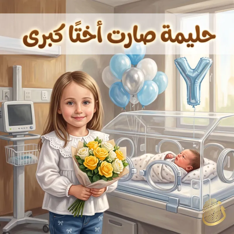 غلاف قصة حليمة صارت أختًا كبرى — حليمة تحمل باقة ورد بجوار أخيها المولود
