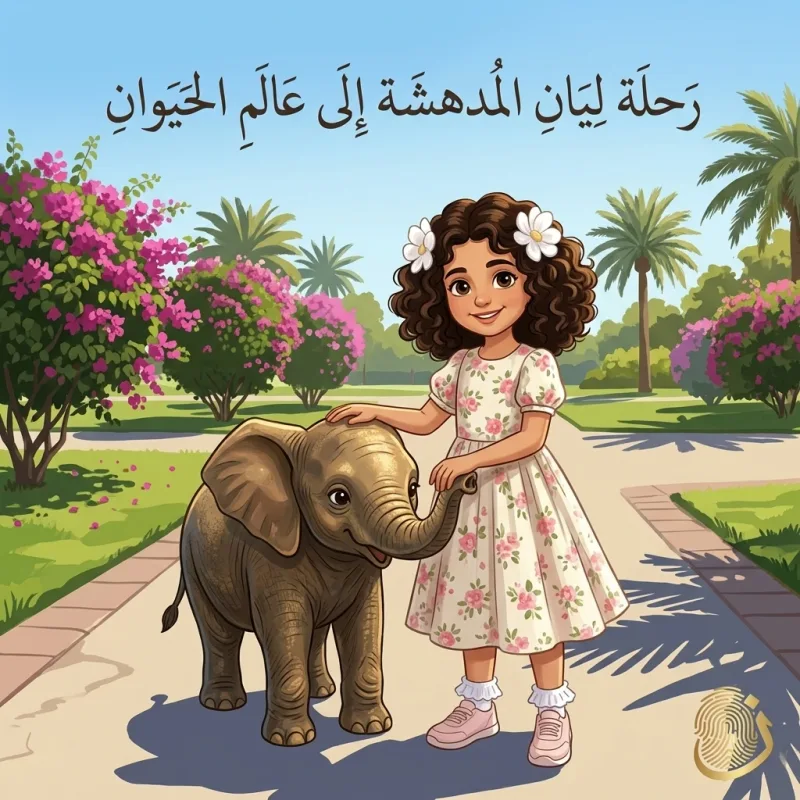 غلاف قصة ليان في حديقة الحيوان — ليان تداعب صغير الفيل بين أشجار الحديقة