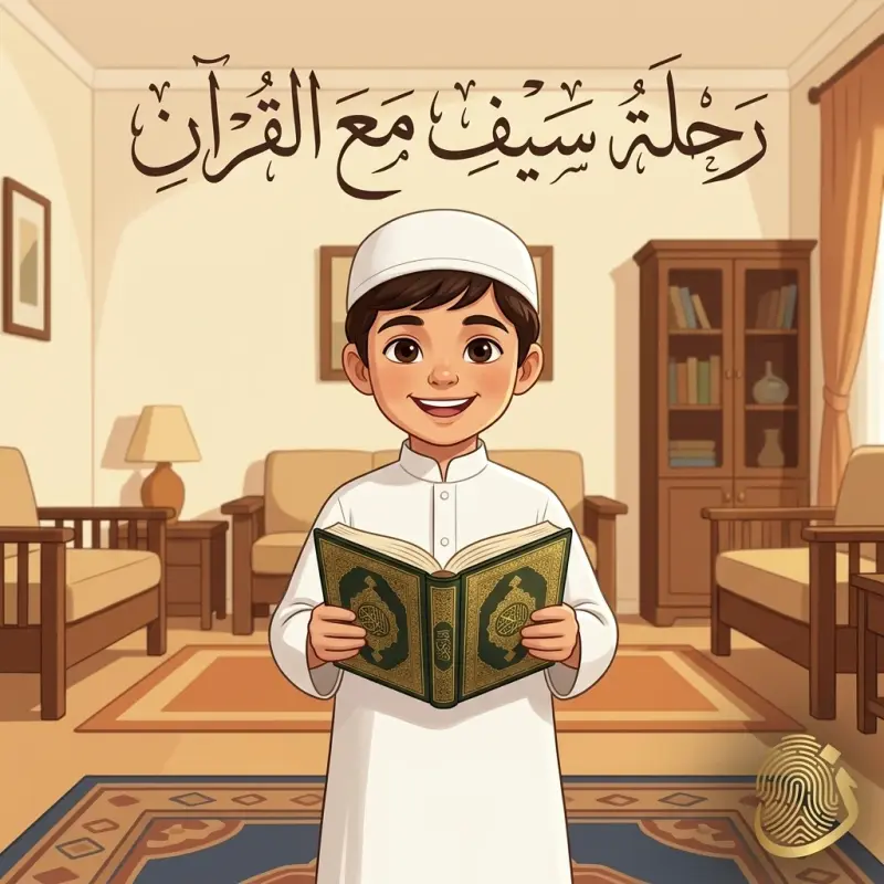 غلاف قصة رحلة سيف مع القرآن — سيف يحمل المصحف في مجلس البيت